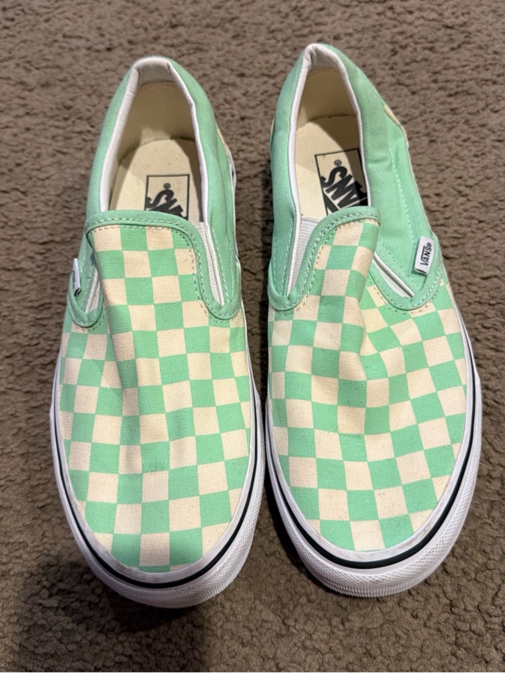 Vans Slip-On Checkerboard Sneakers in Mint Green and White